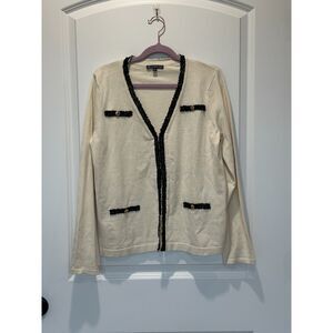 Adrianna Papell Boucle Trim V-Neck Cardigan Black and Ivory Size Small